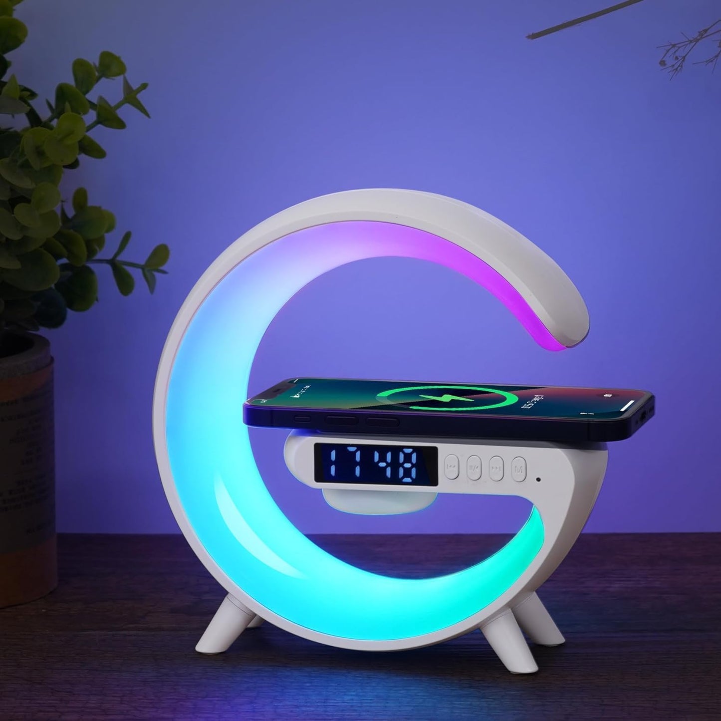 Lampada Da Comodino con Altoparlante, caricatore Wireless, Sveglia Integrata, USB