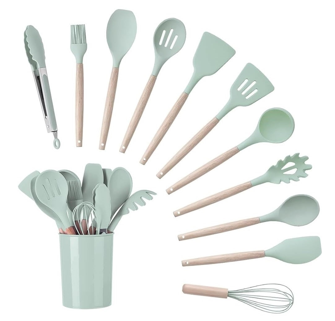 Set Di 11 Utensili Cucina In Silicone Resistenti Al Calore Con Manico In Legno