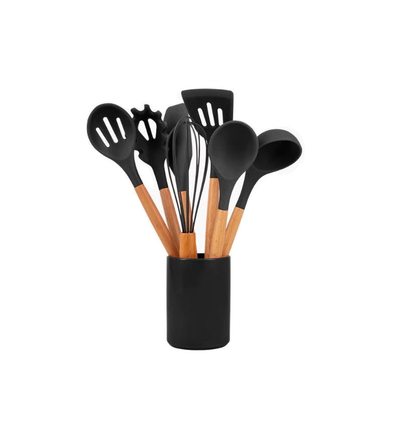 Set Di 11 Utensili Cucina In Silicone Resistenti Al Calore Con Manico In Legno