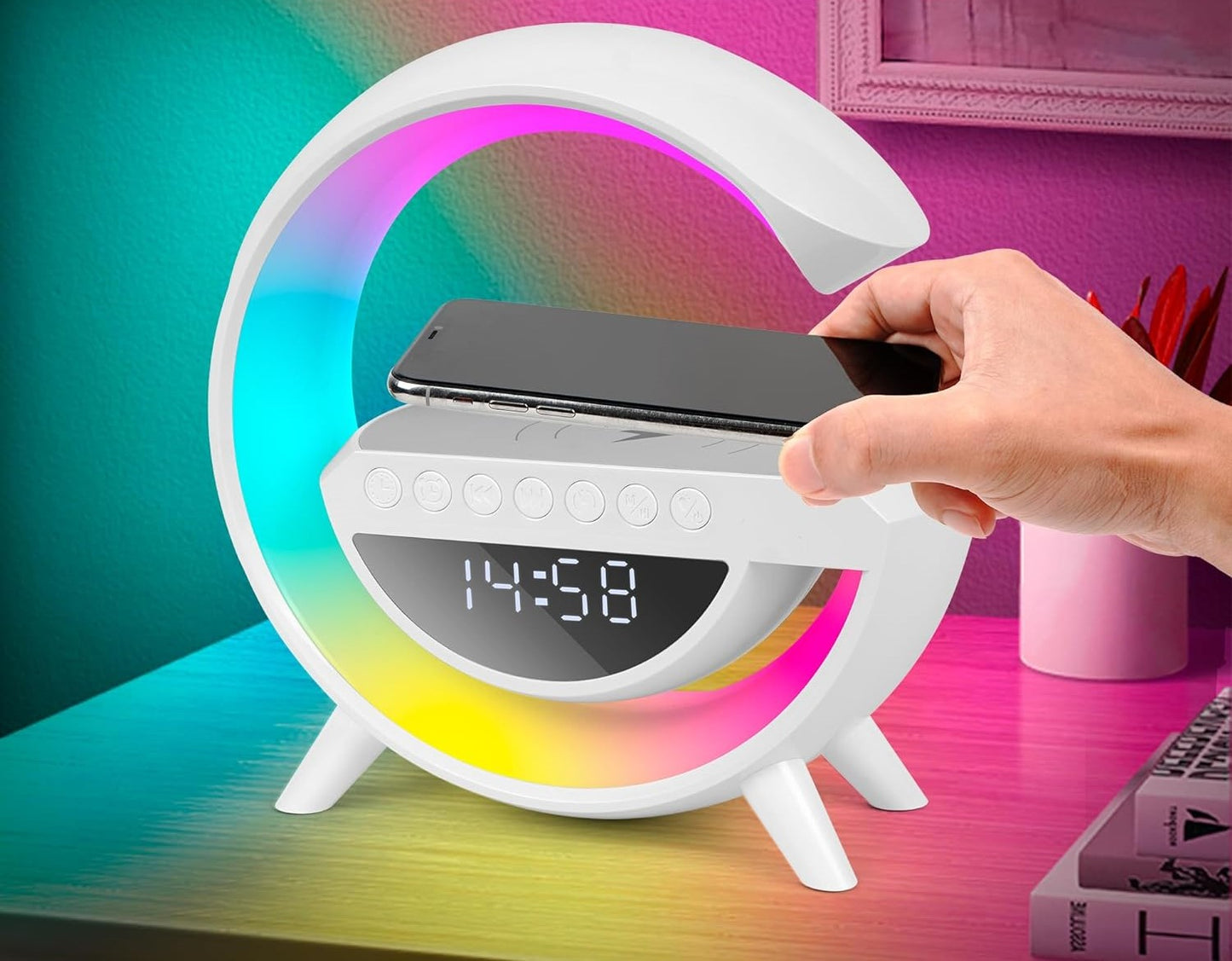 Lampada Da Comodino con Altoparlante, caricatore Wireless, Sveglia Integrata, USB