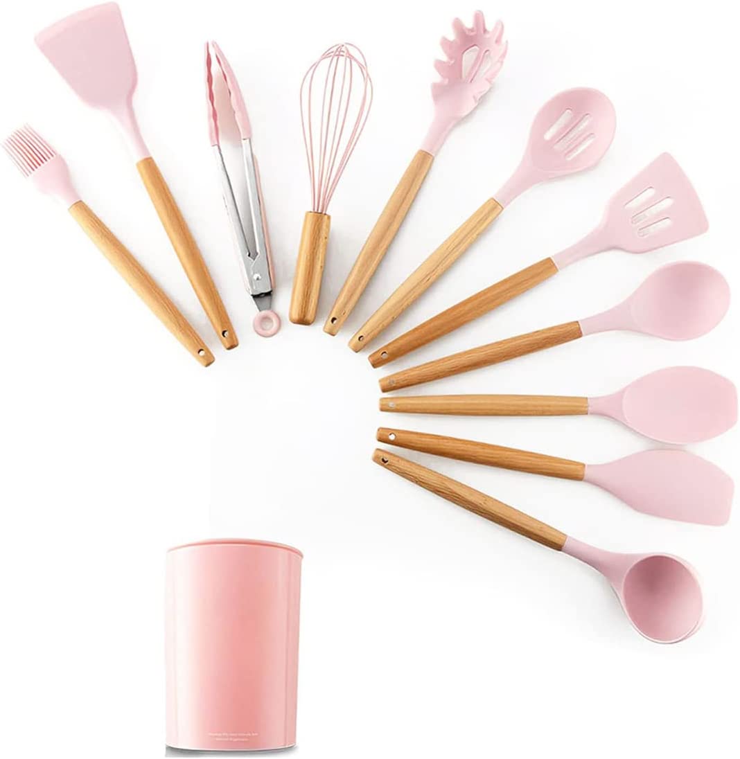 Set Di 11 Utensili Cucina In Silicone Resistenti Al Calore Con Manico In Legno