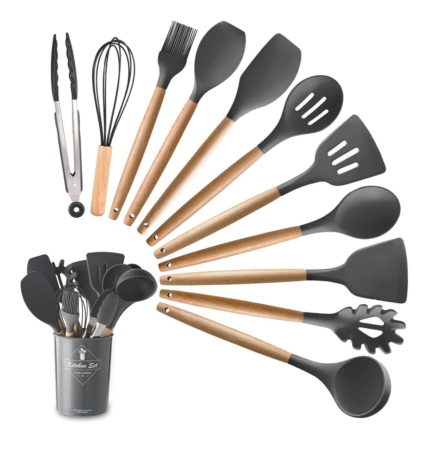 Set Di 11 Utensili Cucina In Silicone Resistenti Al Calore Con Manico In Legno