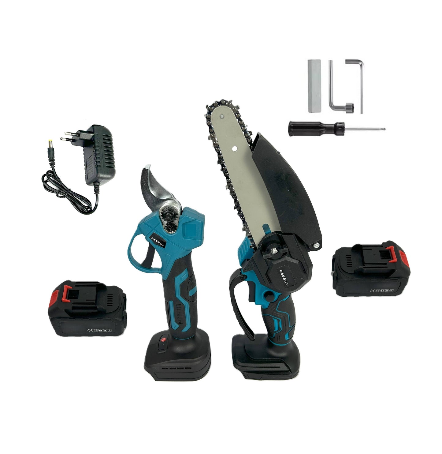 Set per Potatura con Forbice e Mini Motosega Elettrica con due Batterie Incluse