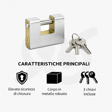 Lucchetto corazzato per cancelli e magazzini in metallo massiccio con tre chiavi