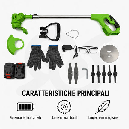 Decespugliatore a batteria 48V con 2 batterie al litio, kit completo per taglio erba e rifinitura giardino