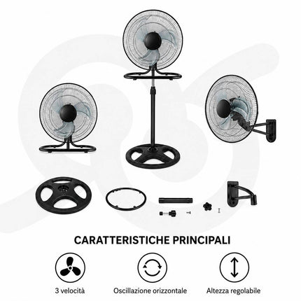 Ventilatore 3 in 1 piantana tavolo parete 43 cm 60 W 3 velocità oscillante