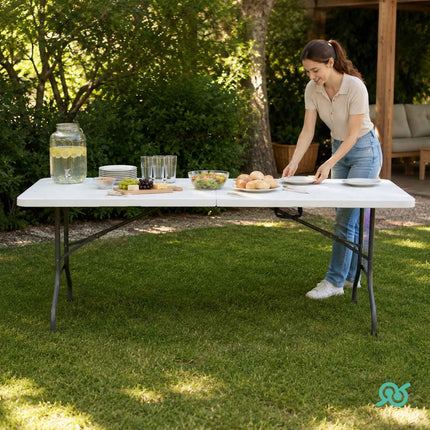 Tavolo Pieghevole 180x70x74 cm Richiudibile con Maniglia per Trasporto, Tavolo Catering da Giardino, Picnic, Campeggio, Buffet, Eventi, Piano in HDPE e Struttura in Acciaio