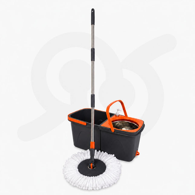 Set Mocio Rotante con Doppio Secchio e Cestello Acciaio Inox 2 Panni