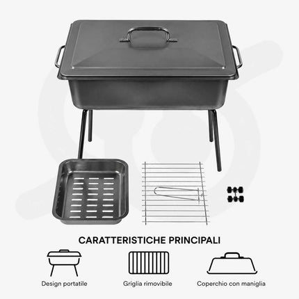 Barbecue a Carbone Portatile da Tavolo con Coperchio e Griglia per Picnic Campeggio