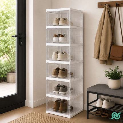 Scarpiera Pieghevole 6 Ripiani con Sportelli Trasparenti, Organizer Salvaspazio Impilabile per Scarpe, Mobile Porta Scarpe Richiudibile