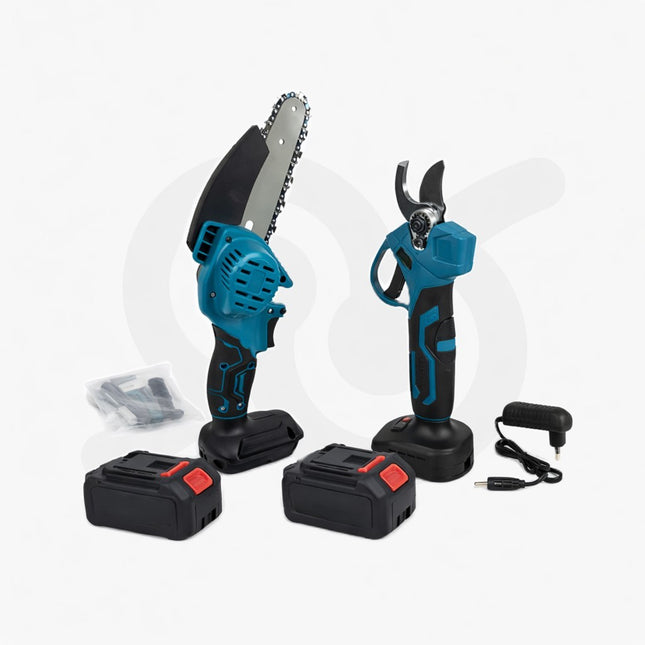 Set per Potatura con Forbice e Mini Motosega Elettrica con due Batterie Incluse