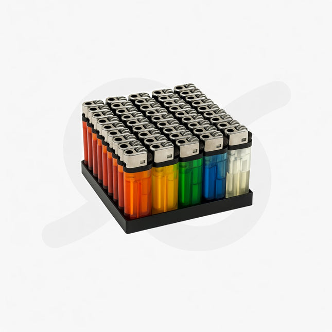 Box Da 50 Accendini Classici Colorati Trasparenti Con Accensione A Pietrina