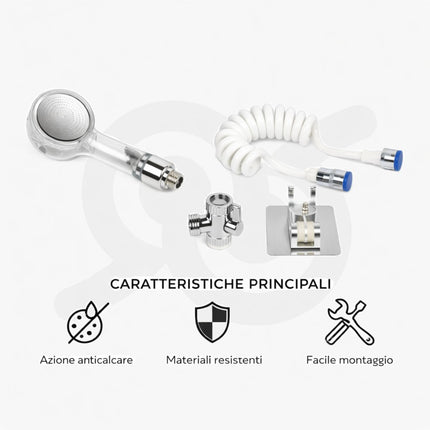 Kit soffione doccia per lavandino con tubo a spirale e con supporto adesivo