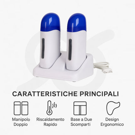 Riscaldatore per cera con due manipoli roll-on e con la base per la depilazione