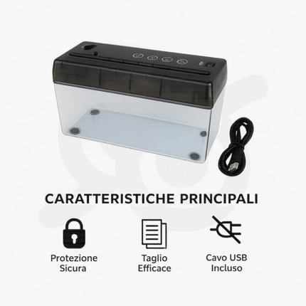 Distruggidocumenti con il cavo USB per la scrivania e con le batterie