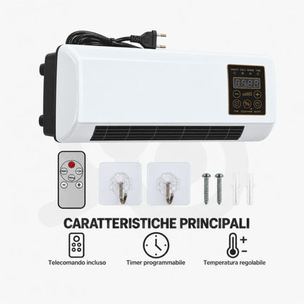 Stufa elettrica da parete 700 W con timer, display digitale e telecomando