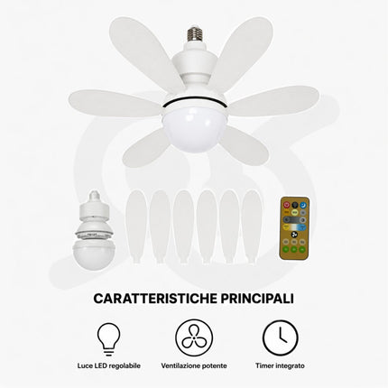 Ventilatore da Soffitto con Luce LED e Telecomando, Ventola E27 a Pale Pieghevoli, 3 Velocità, Illuminazione Regolabile