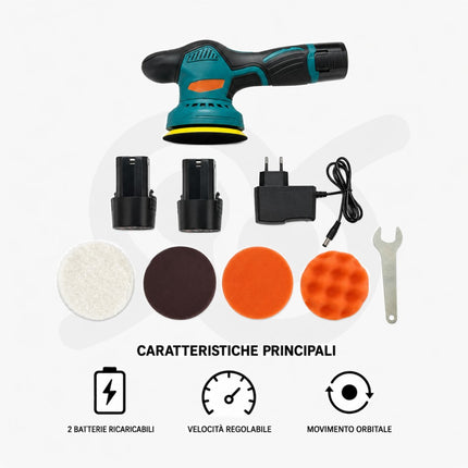 Lucidatrice Levigatrice Auto 12V 380W, 2 Batterie, 8 Velocità, 4 Tamponi