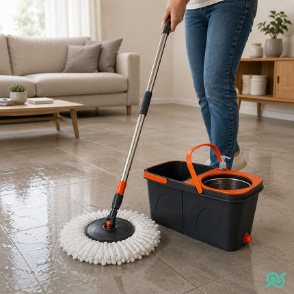 Mocio Rotante Spin Mop con Doppio Secchio Acciaio Inox 2 Panni Kit