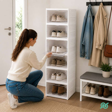 Scarpiera Pieghevole 6 Ripiani con Sportelli Trasparenti, Organizer Salvaspazio Impilabile per Scarpe, Mobile Porta Scarpe Richiudibile