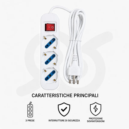 Ciabatta Multipresa elettrica a 3 posti con interruttore luminoso e cavo di ricarica