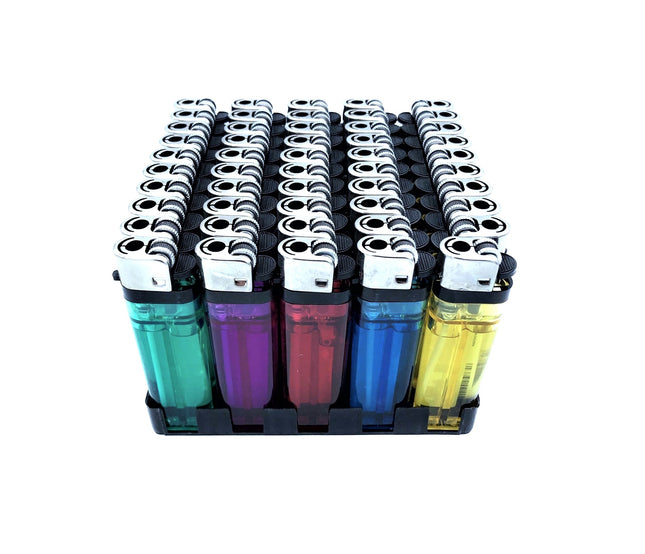 Box Da 50 Accendini Classici Colorati Trasparenti Con Accensione A Pietrina
