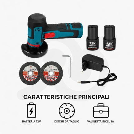 Mini Smerigliatrice Angolare a Batteria 12V con 2 Batterie Li-Ion, Mini Flex Elettrico Portatile con Dischi da Taglio, Caricatore e Valigetta per Metallo e Fai da Te