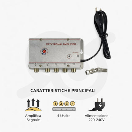 Amplificatore per segnale CATV con uscite multiple e kit per un uso professionale