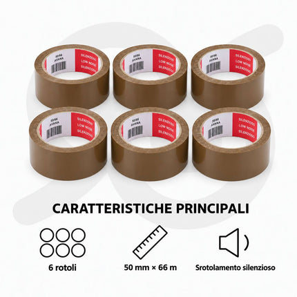 Nastro Adesivo Avana Beige Silenzioso 6 Rotoli, Imballaggio per Pacchi e Spedizioni