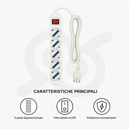 Ciabatta Multipresa Elettrica Con 5 Posti Schuko Con Interruttore Per Accensione