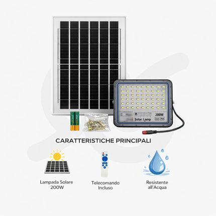 Faro LED da 200W con Pannello Solare, Efficiente e Resistente alle Intemperie