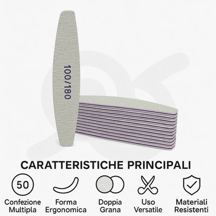 Kit di 50 Lime per Unghie a Mezzaluna Bilaterale con Doppia Grana (100 e 180)