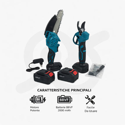 Set per Potatura con Forbice e Mini Motosega Elettrica con due Batterie Incluse