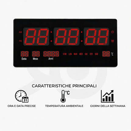 Orologio Digitale da Parete con Display a LED, con Funzione Datario e Termostato