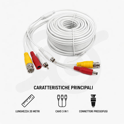 Cavo Da 20 Metri Per Telecamere Audio Video Ahd 1080P RCA BNC E Alimentazione