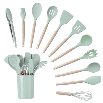 Set Di 11 Utensili Cucina In Silicone Resistenti Al Calore Con Manico In Legno