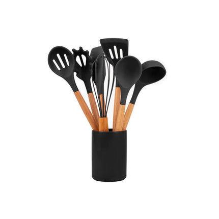 Set Di 11 Utensili Cucina In Silicone Resistenti Al Calore Con Manico In Legno