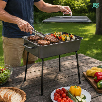 Barbecue a Carbone Portatile da Tavolo con Coperchio, Griglia Rimovibile e Vaschetta Interna, Fornello per Picnic, Campeggio, Giardino, Terrazza, Cottura Carne Pesce e Verdure