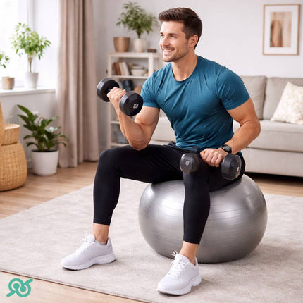 Palla fitness resistente fino a 180 kg per lo stretching, completa di gonfiatore