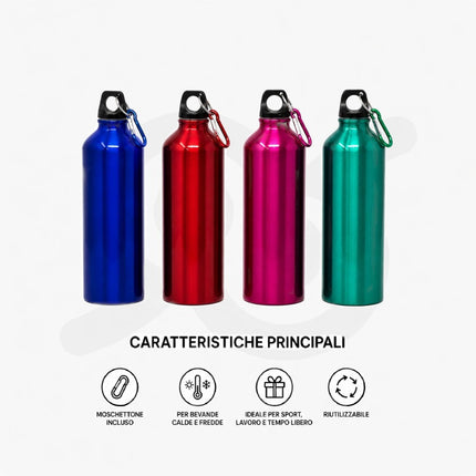 Borraccia In Alluminio Leggero Da 750 Ml Con Chiusura Ermetica E Gancio Lavabile