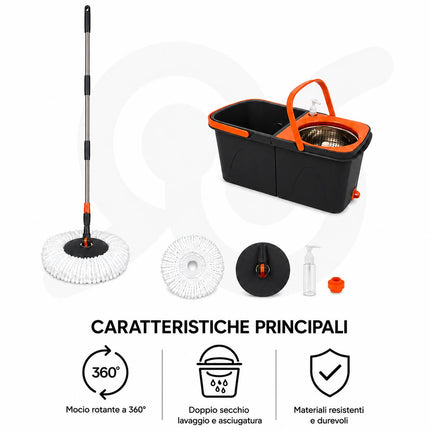 Mocio Rotante Spin Mop con Doppio Secchio Acciaio Inox 2 Panni Kit