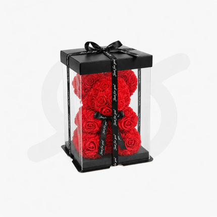 Orso di Rose Artificiali 25 cm con Fiocco e Scatola Regalo Trasparente