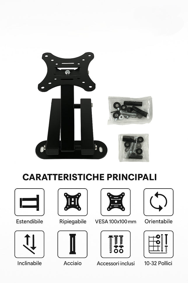 Supporto da parete con braccio orientabile per TV e monitor, completo di viti