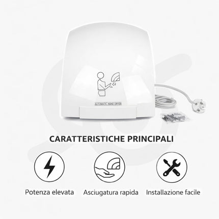 Asciugamani elettrico professionale con sensore e viti per il fissaggio