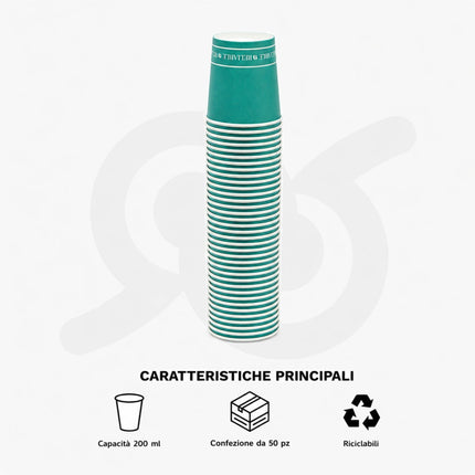 Bicchieri di Carta Monouso 200 ml, Confezione da 50 Pezzi, Uso Bevande Calde e Fredde, per Casa Ufficio Eventi Feste Catering