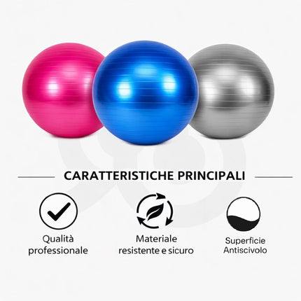 Palla fitness resistente fino a 180 kg per lo stretching, completa di gonfiatore
