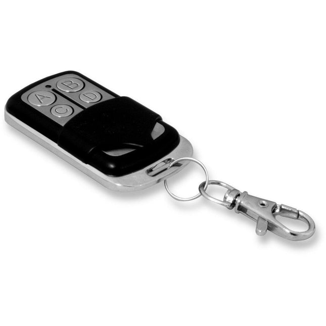 Telecomando universale compatto con quattro pulsanti ed un pratico gancio in metallo