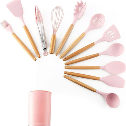 Set Di 11 Utensili Cucina In Silicone Resistenti Al Calore Con Manico In Legno
