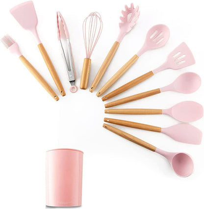 Set Di 11 Utensili Cucina In Silicone Resistenti Al Calore Con Manico In Legno