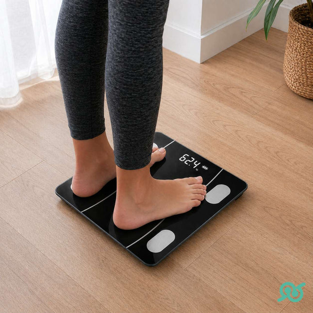 Bilancia digitale smart con connessione Bluetooth, vetro temperato e display LCD